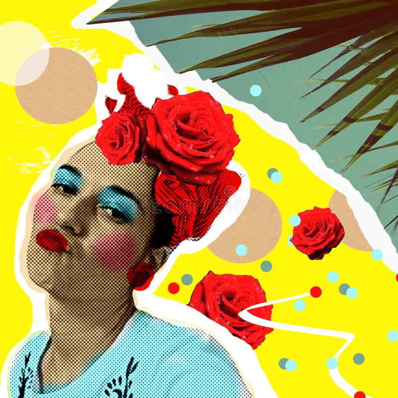 流行艺术样式和热带棕榈叶的妇女 时髦zine拼贴画,时尚印刷品,海报 免版税库存图片 流行艺术样式和热带棕榈叶的妇女 时髦zine拼贴画,时尚印刷品,海报 免版税库存图片